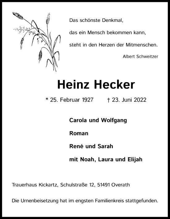Anzeige von Heinz Hecker von Kölner Stadt-Anzeiger / Kölnische Rundschau / Express