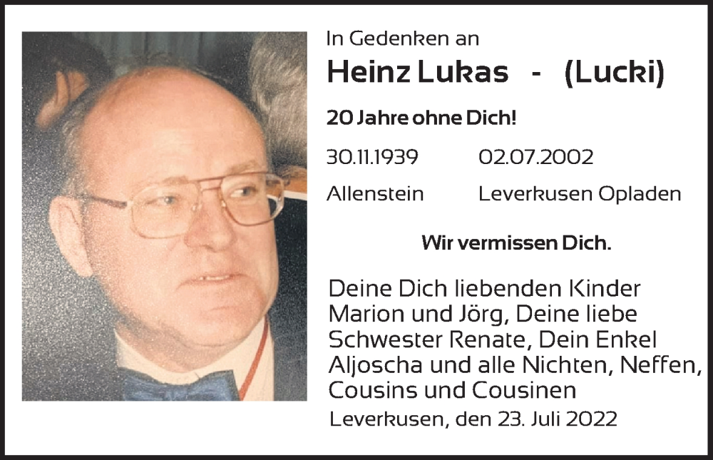  Traueranzeige für Heinz Lukas vom 23.07.2022 aus Kölner Stadt-Anzeiger / Kölnische Rundschau / Express