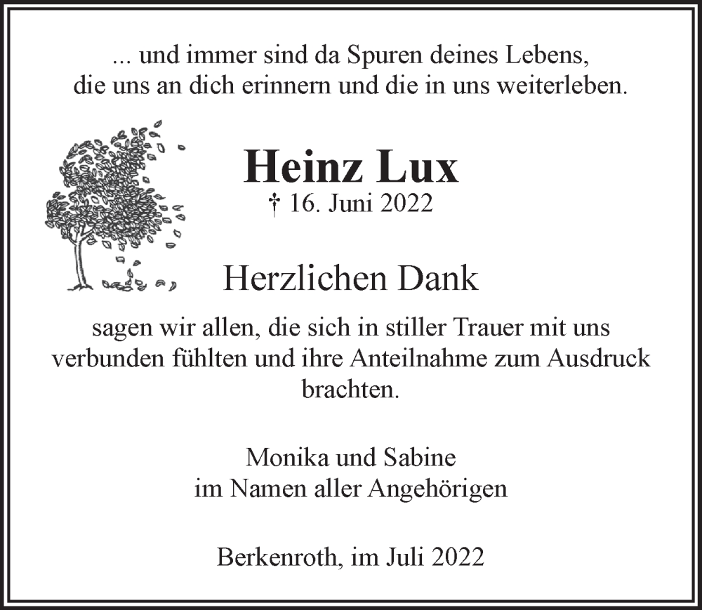  Traueranzeige für Heinz Lux vom 29.07.2022 aus  Lokalanzeiger 
