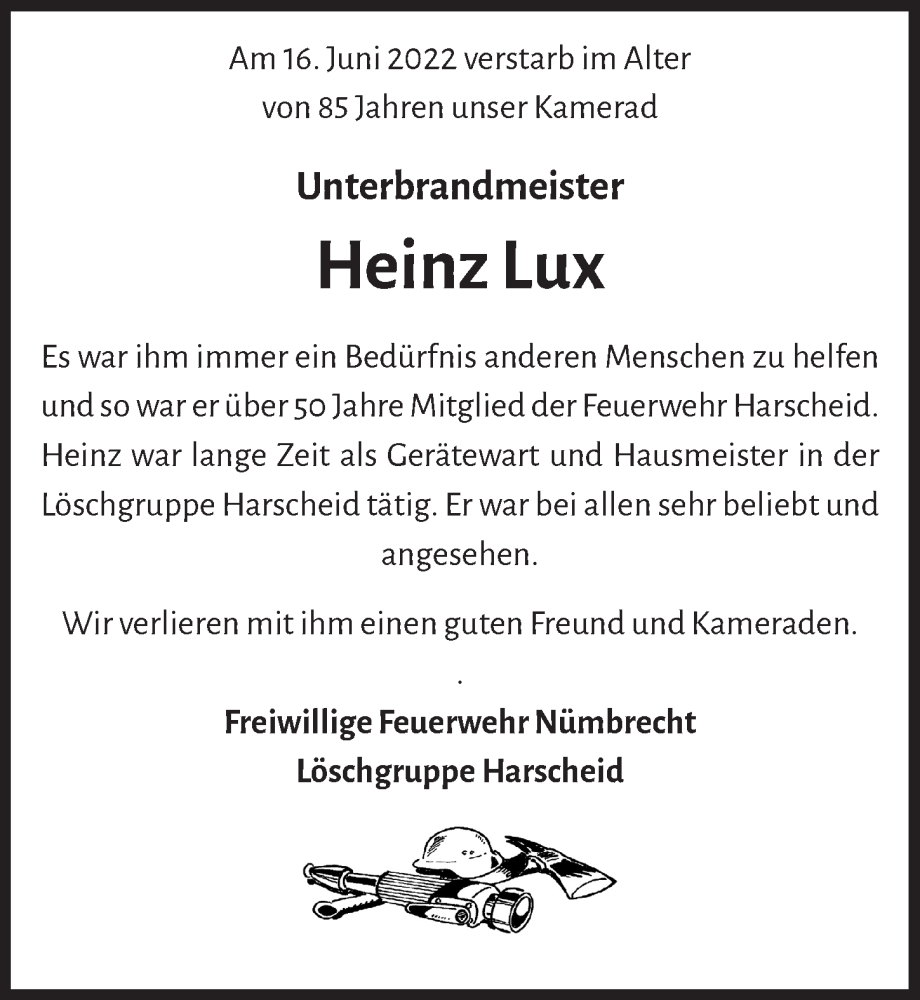  Traueranzeige für Heinz Lux vom 08.07.2022 aus  Lokalanzeiger 
