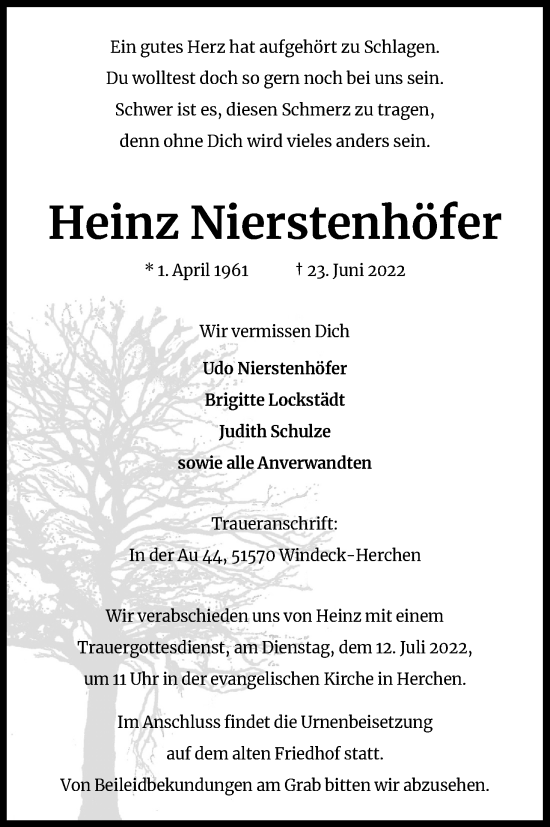 Anzeige von Heinz Nierstenhöfer von Kölner Stadt-Anzeiger / Kölnische Rundschau / Express