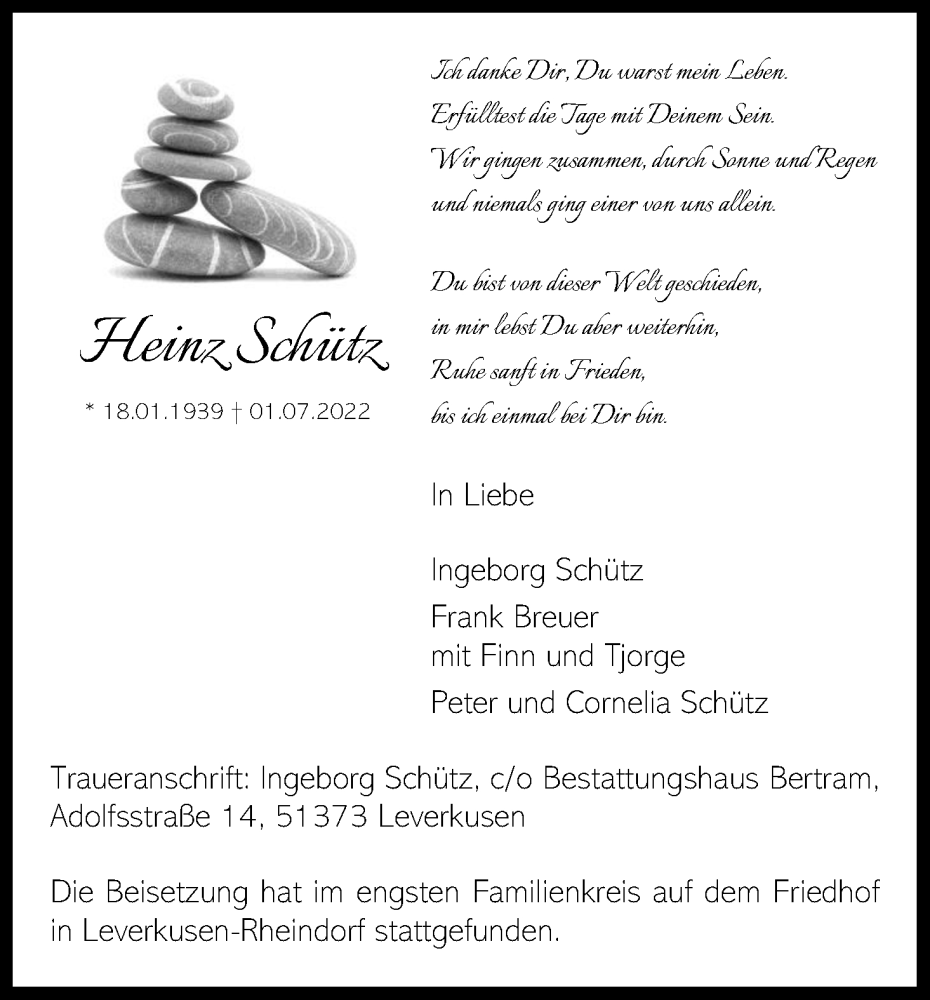  Traueranzeige für Heinz Schütz vom 23.07.2022 aus Kölner Stadt-Anzeiger / Kölnische Rundschau / Express