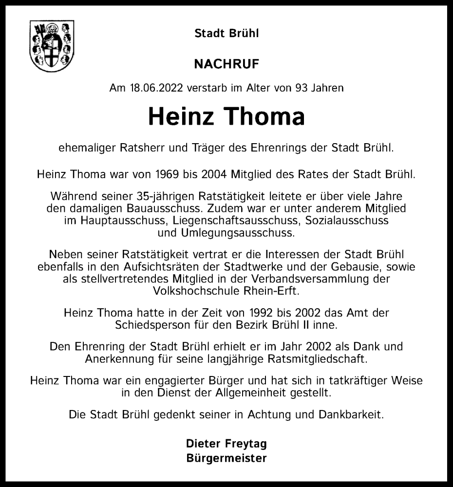  Traueranzeige für Heinz Thoma vom 02.07.2022 aus Kölner Stadt-Anzeiger / Kölnische Rundschau / Express