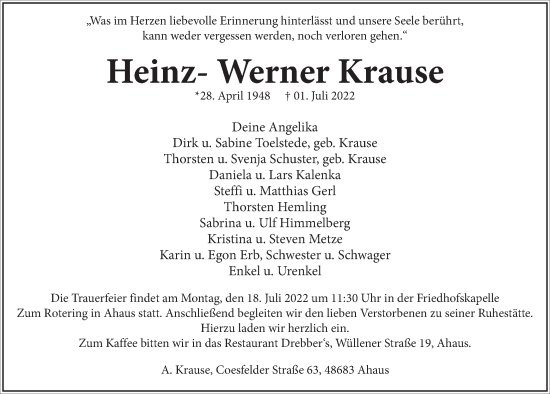 Anzeige von Heinz-Werner Krause von  Anzeigen Echo 