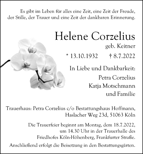 Anzeige von Helene Corzelius von Kölner Stadt-Anzeiger / Kölnische Rundschau / Express
