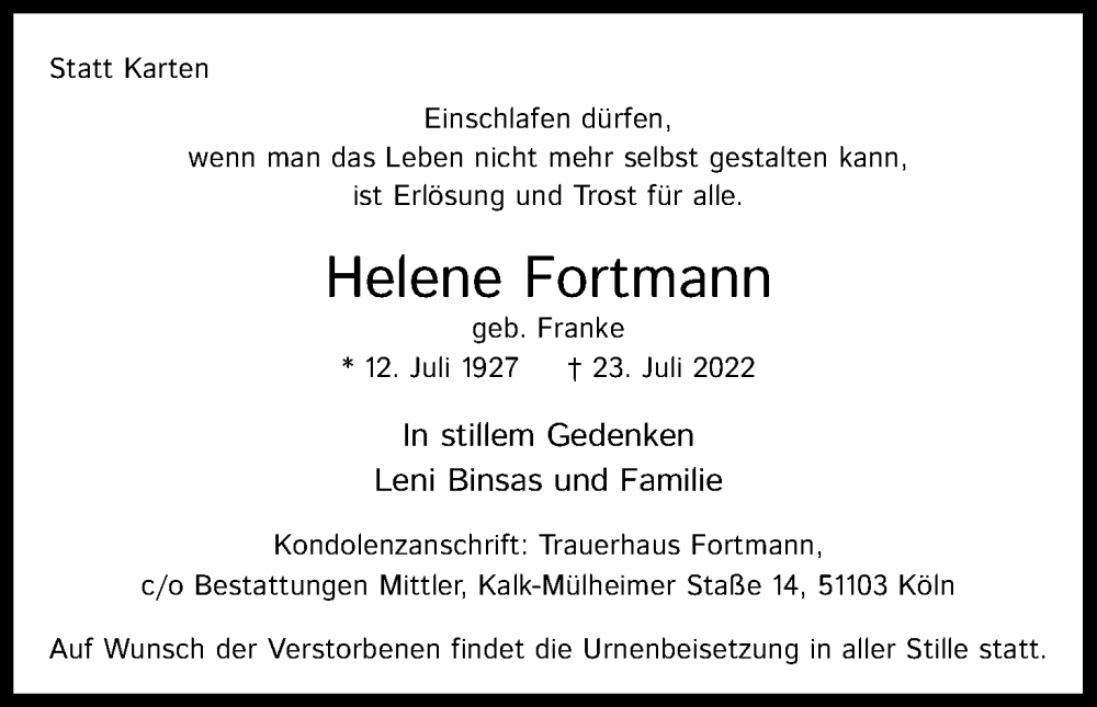 Traueranzeige für Helene Fortmann vom 30.07.2022 aus Kölner Stadt-Anzeiger / Kölnische Rundschau / Express