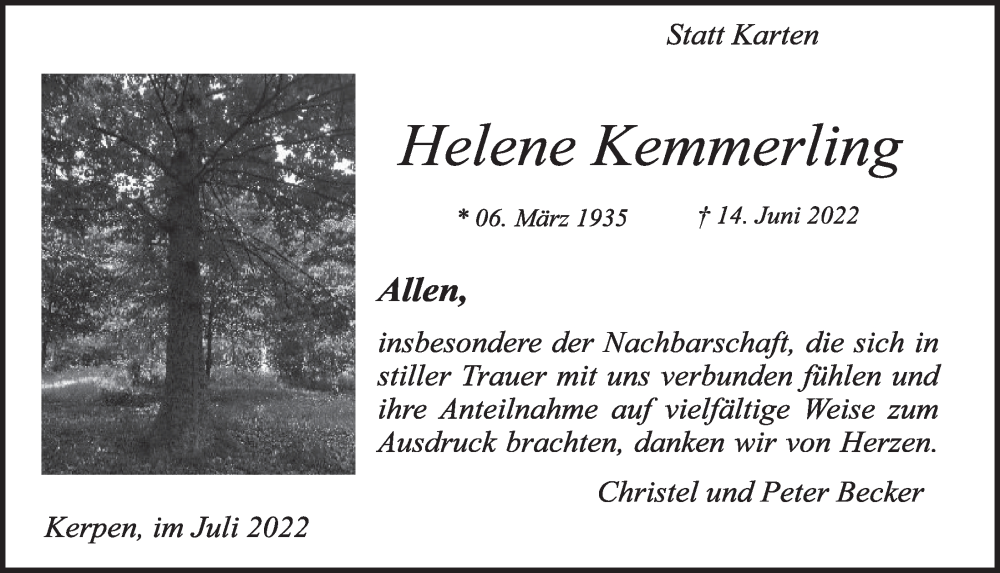  Traueranzeige für Helene Kemmerling vom 15.07.2022 aus  Werbepost 