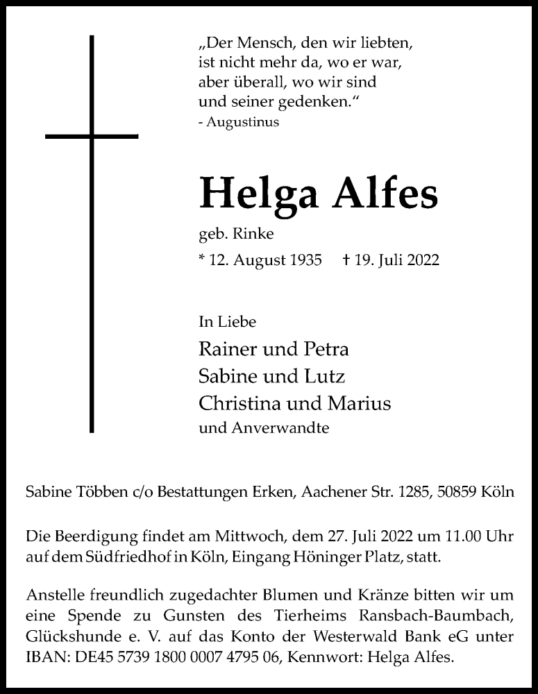  Traueranzeige für Helga Alfes vom 23.07.2022 aus Kölner Stadt-Anzeiger / Kölnische Rundschau / Express