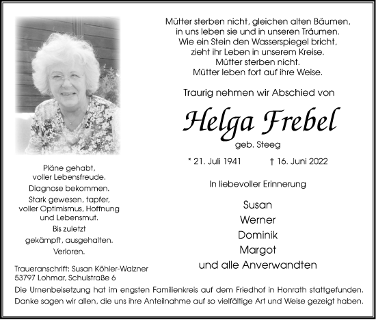 Anzeige von Helga Frebel von Kölner Stadt-Anzeiger / Kölnische Rundschau / Express