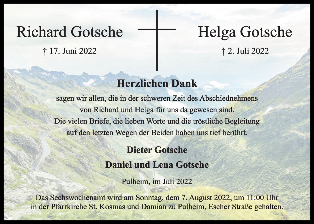  Traueranzeige für Helga Gotsche vom 29.07.2022 aus  Wochenende 