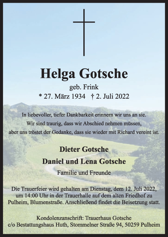 Anzeige von Helga Gotsche von  Wochenende 