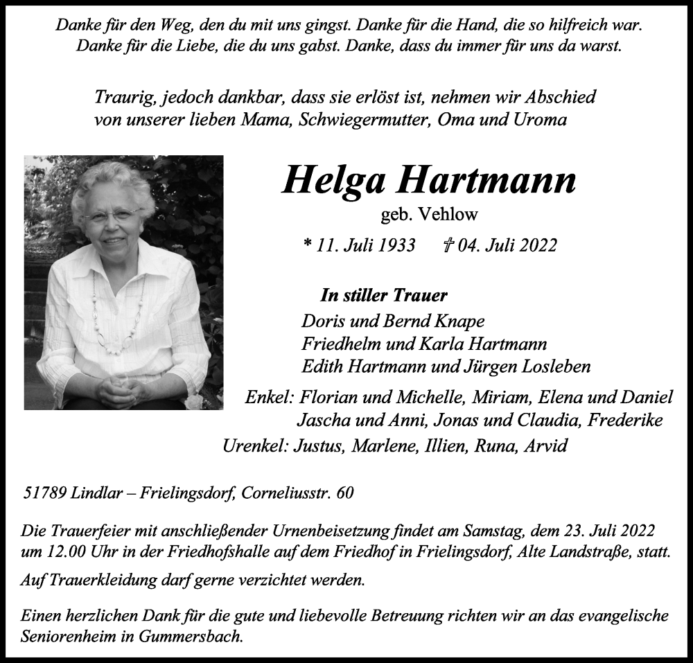  Traueranzeige für Helga Hartmann vom 16.07.2022 aus Kölner Stadt-Anzeiger / Kölnische Rundschau / Express
