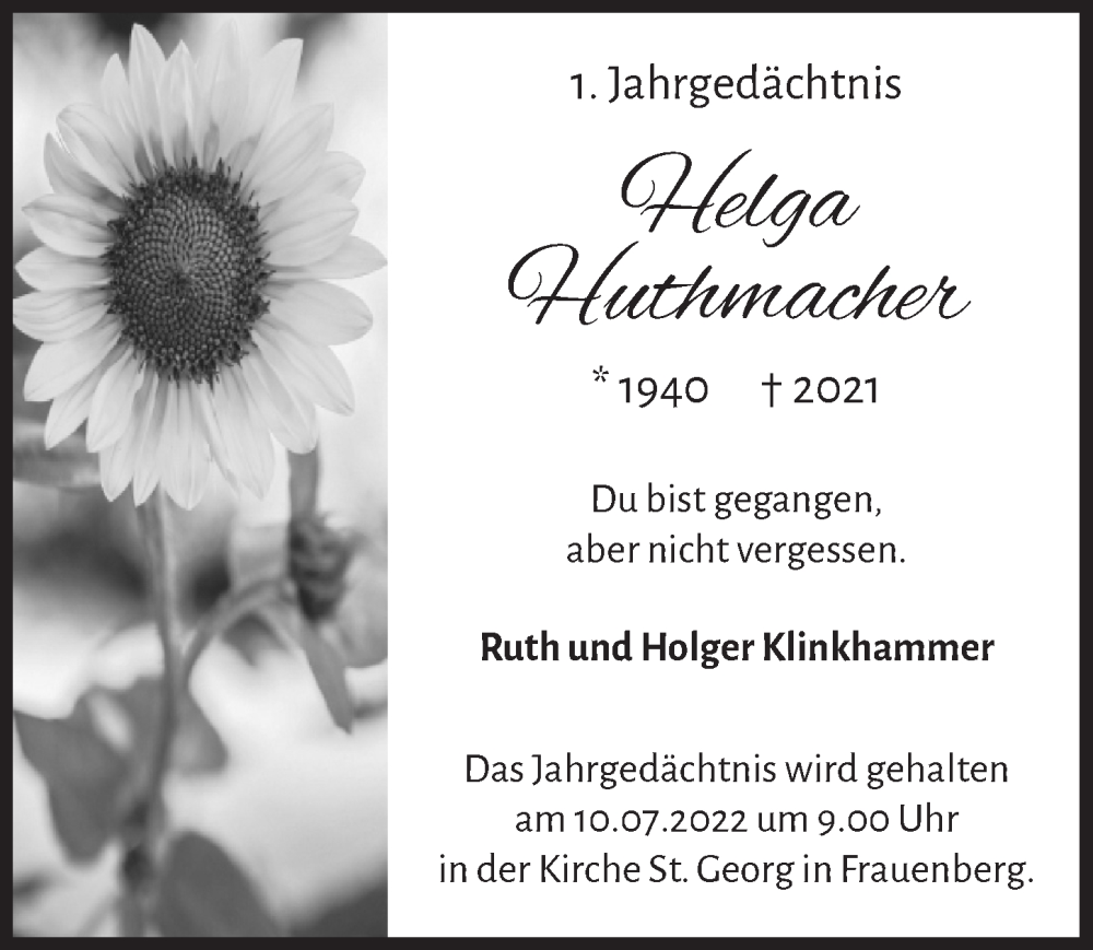  Traueranzeige für Helga Huthmacher vom 02.07.2022 aus  Blickpunkt Euskirchen 
