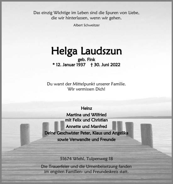 Anzeige von Helga Laudszun von Kölner Stadt-Anzeiger / Kölnische Rundschau / Express