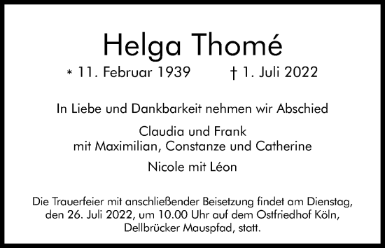 Anzeige von Helga Thomé von Kölner Stadt-Anzeiger / Kölnische Rundschau / Express