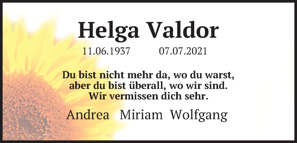  Traueranzeige für Helga Valdor vom 09.07.2022 aus Kölner Stadt-Anzeiger / Kölnische Rundschau / Express