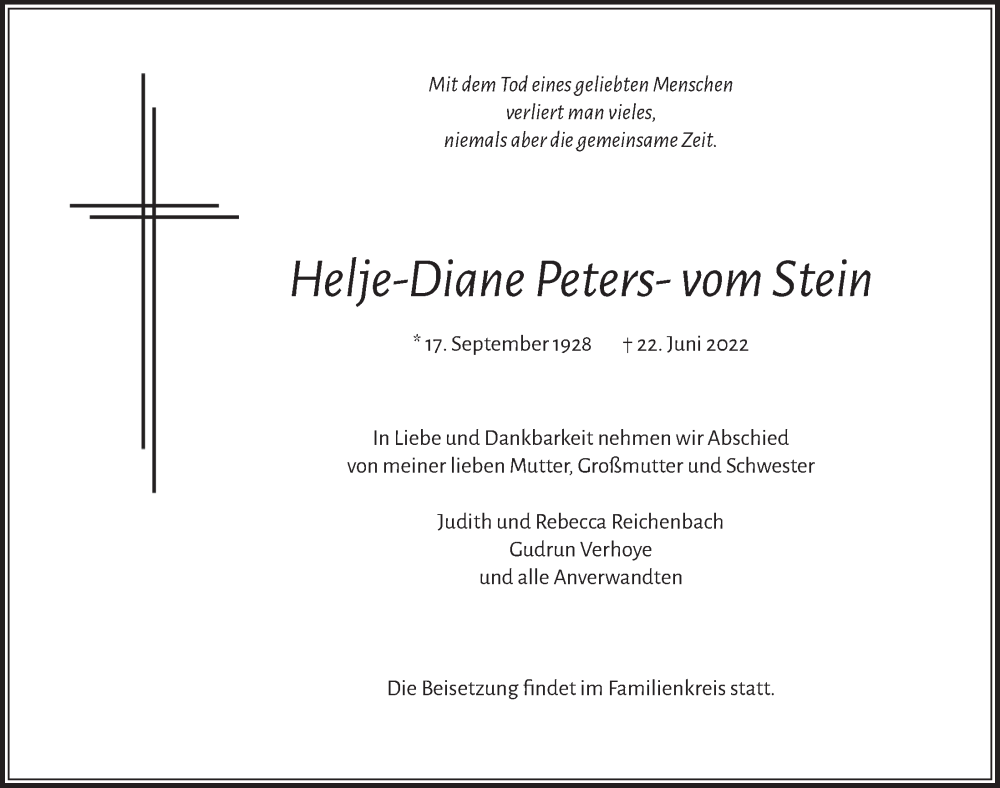  Traueranzeige für Helje-Diane Peters-vom Stein vom 08.07.2022 aus  Bergisches Handelsblatt 