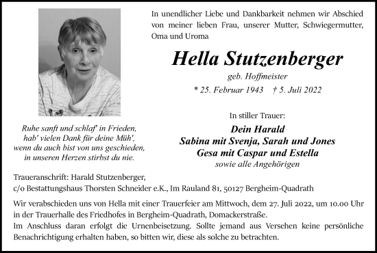 Anzeige von Hella Stutzenberger von Kölner Stadt-Anzeiger / Kölnische Rundschau / Express