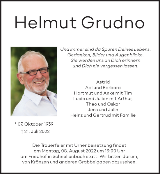 Anzeige von Helmut Grudno von  Anzeigen Echo 