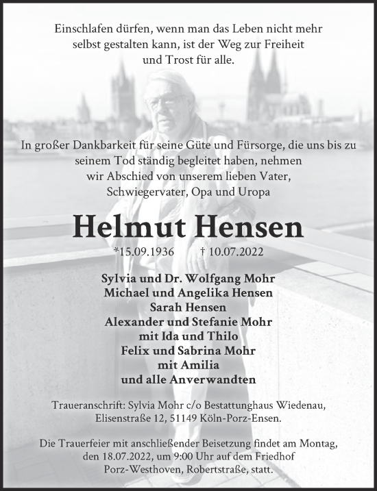 Anzeige von Helmut Hensen von  EXPRESS - Die Woche 