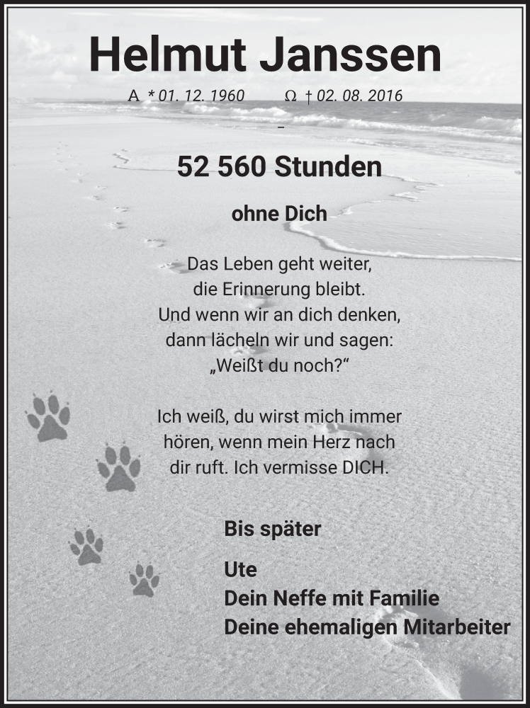  Traueranzeige für Helmut Janssen vom 29.07.2022 aus  Wochenende  Schlossbote/Werbekurier 