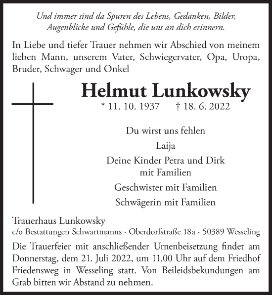 Anzeige von Helmut Lunkowsky von  Schlossbote/Werbekurier 