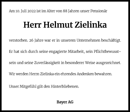 Anzeige von Helmut Zielinka von Kölner Stadt-Anzeiger / Kölnische Rundschau / Express