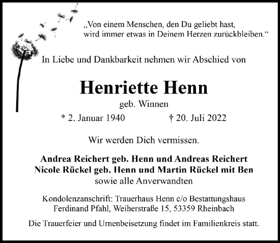 Anzeige von Henriette Henn von  Schaufenster/Blickpunkt 