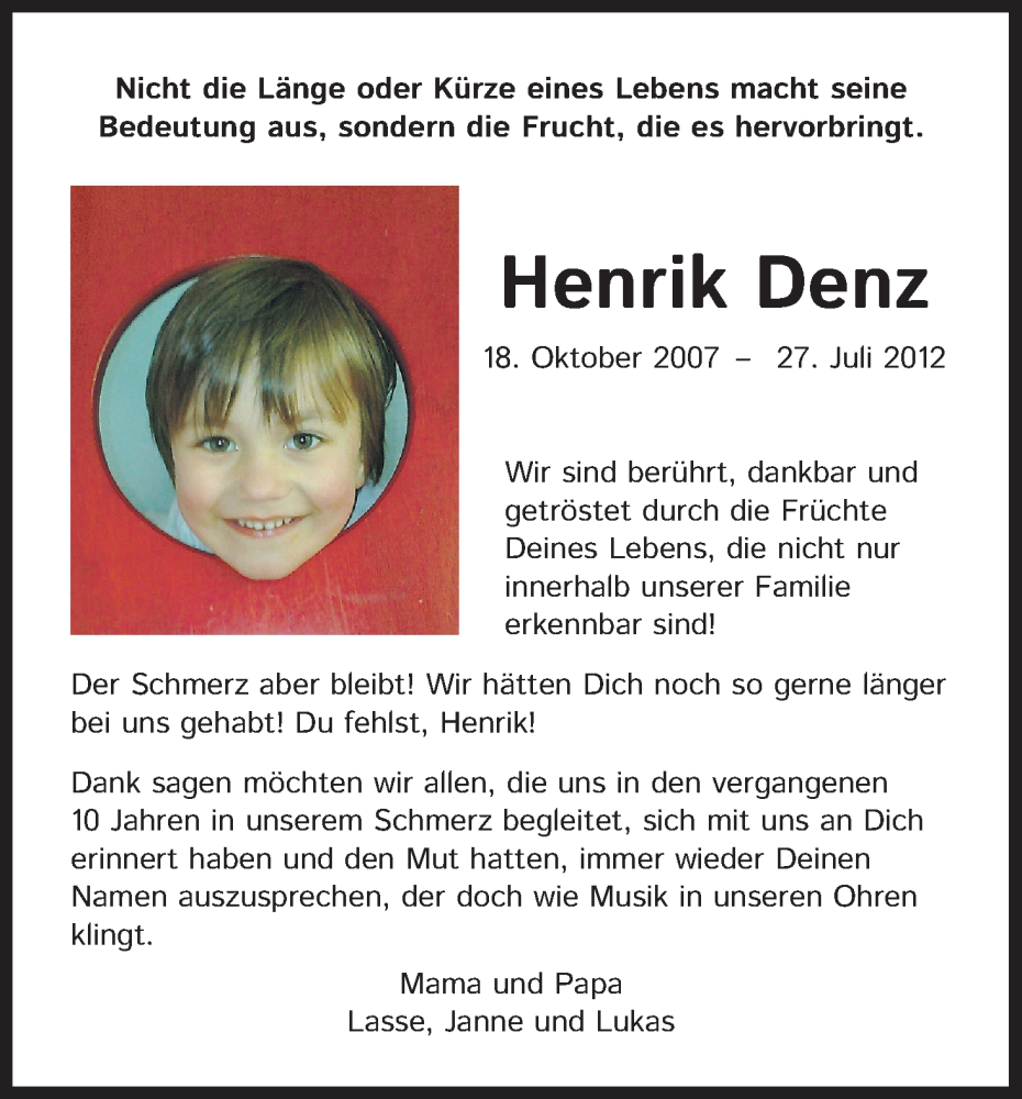 Traueranzeige für Henrik Denz vom 30.07.2022 aus Kölner Stadt-Anzeiger / Kölnische Rundschau / Express