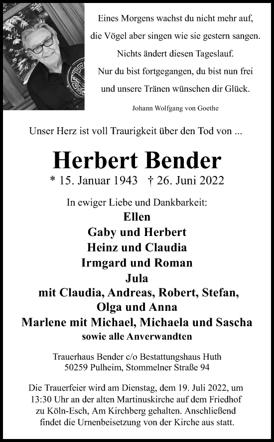 Anzeige von Herbert Bender von Kölner Stadt-Anzeiger / Kölnische Rundschau / Express