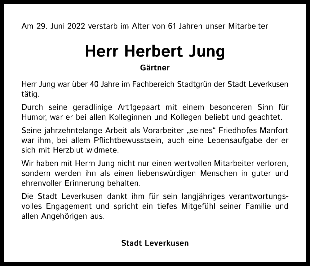  Traueranzeige für Herbert Jung vom 16.07.2022 aus Kölner Stadt-Anzeiger / Kölnische Rundschau / Express