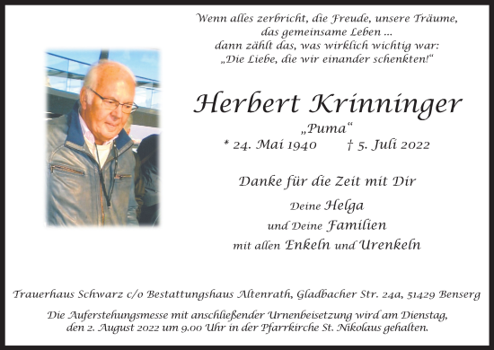 Anzeige von Herbert Krinninger von Kölner Stadt-Anzeiger / Kölnische Rundschau / Express