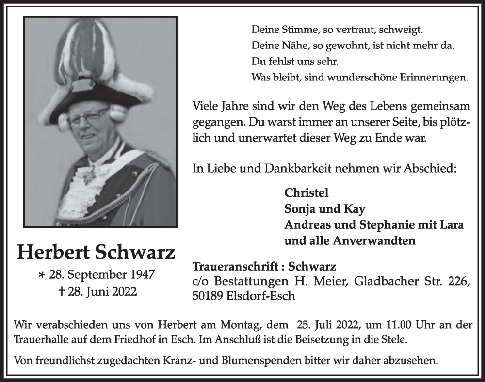  Traueranzeige für Herbert Schwarz vom 22.07.2022 aus  Werbepost 