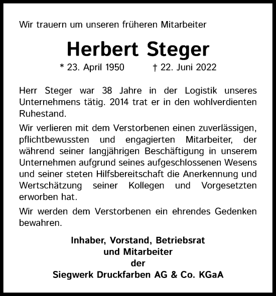 Anzeige von Herbert Steger von Kölner Stadt-Anzeiger / Kölnische Rundschau / Express