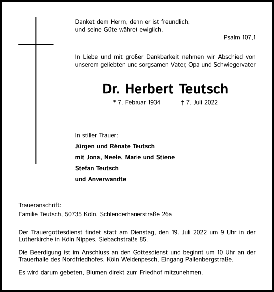 Anzeige von Herbert Teutsch von Kölner Stadt-Anzeiger / Kölnische Rundschau / Express