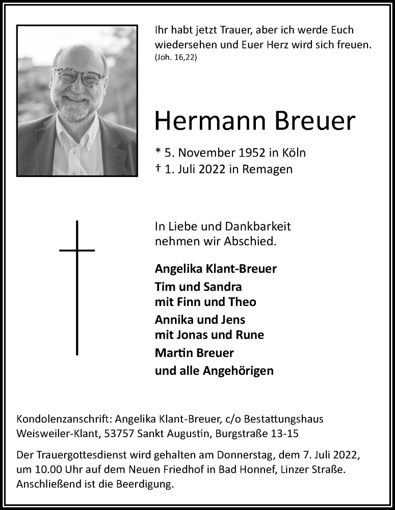  Traueranzeige für Hermann Breuer vom 06.07.2022 aus Kölner Stadt-Anzeiger / Kölnische Rundschau / Express