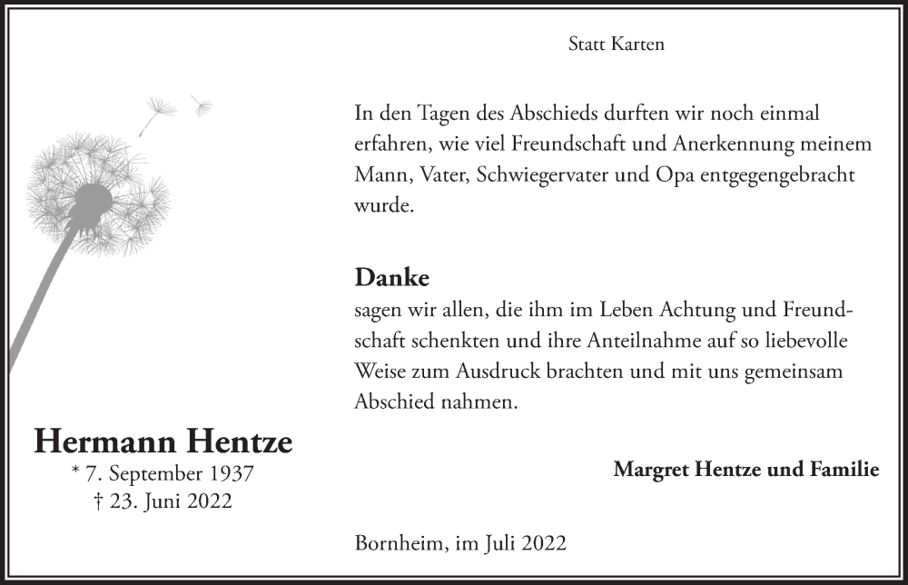  Traueranzeige für Hermann Hentze vom 22.07.2022 aus  Schaufenster/Blickpunkt 