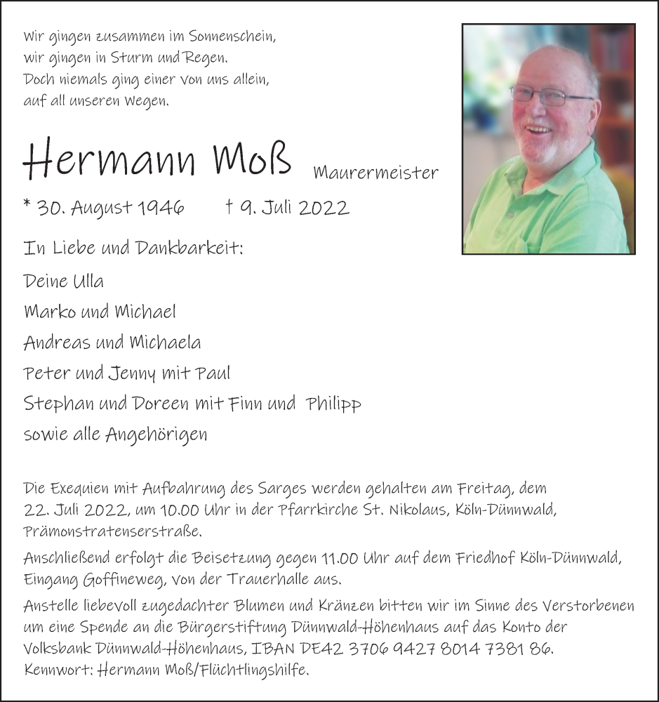  Traueranzeige für Hermann Moß vom 16.07.2022 aus Kölner Stadt-Anzeiger / Kölnische Rundschau / Express