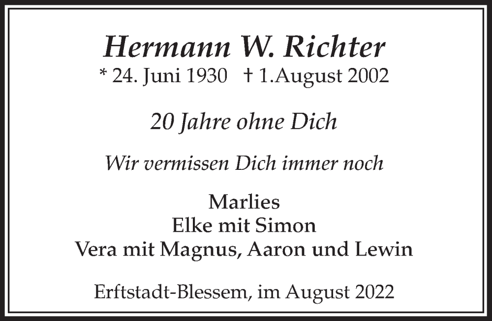  Traueranzeige für Hermann Richter vom 29.07.2022 aus  Werbepost 