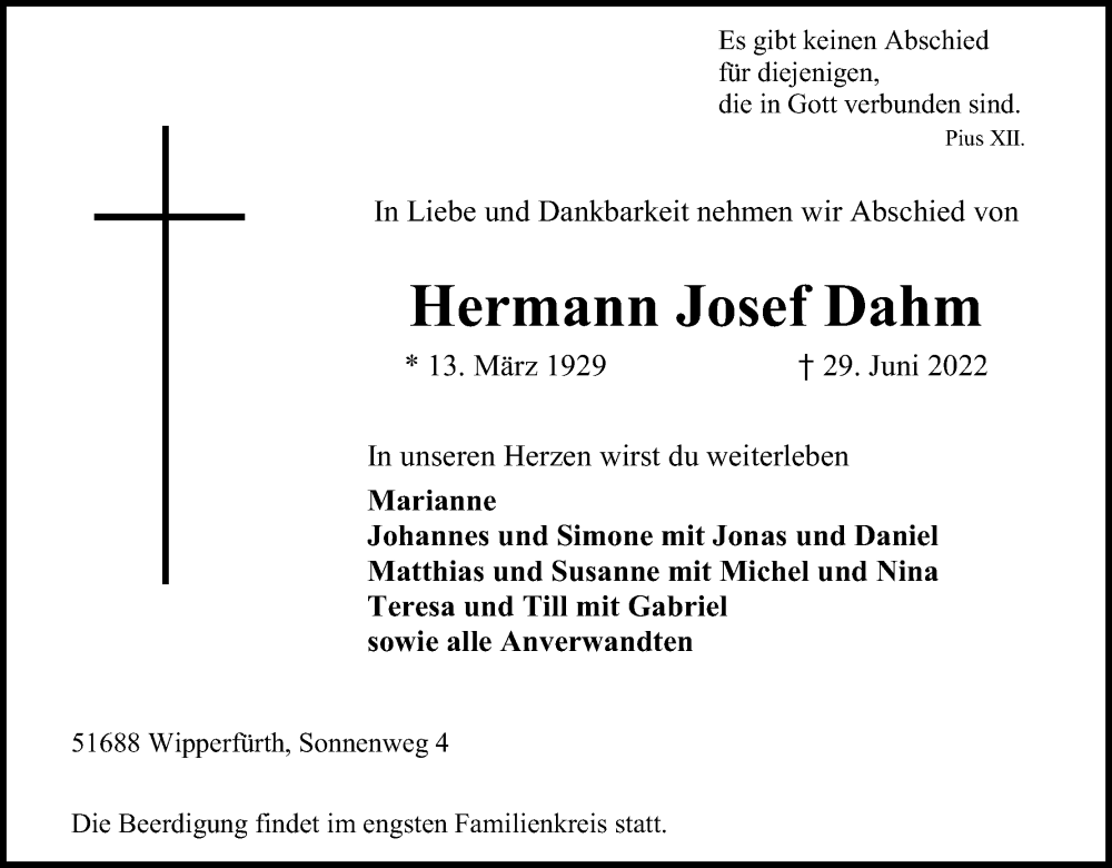  Traueranzeige für Hermann Josef Dahm vom 02.07.2022 aus Kölner Stadt-Anzeiger / Kölnische Rundschau / Express
