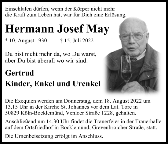 Anzeige von Hermann Josef May von Kölner Stadt-Anzeiger / Kölnische Rundschau / Express