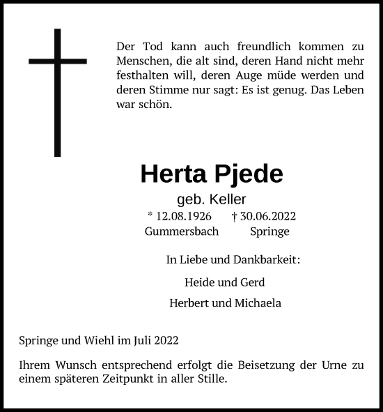 Anzeige von Herta Pjede von Kölner Stadt-Anzeiger / Kölnische Rundschau / Express