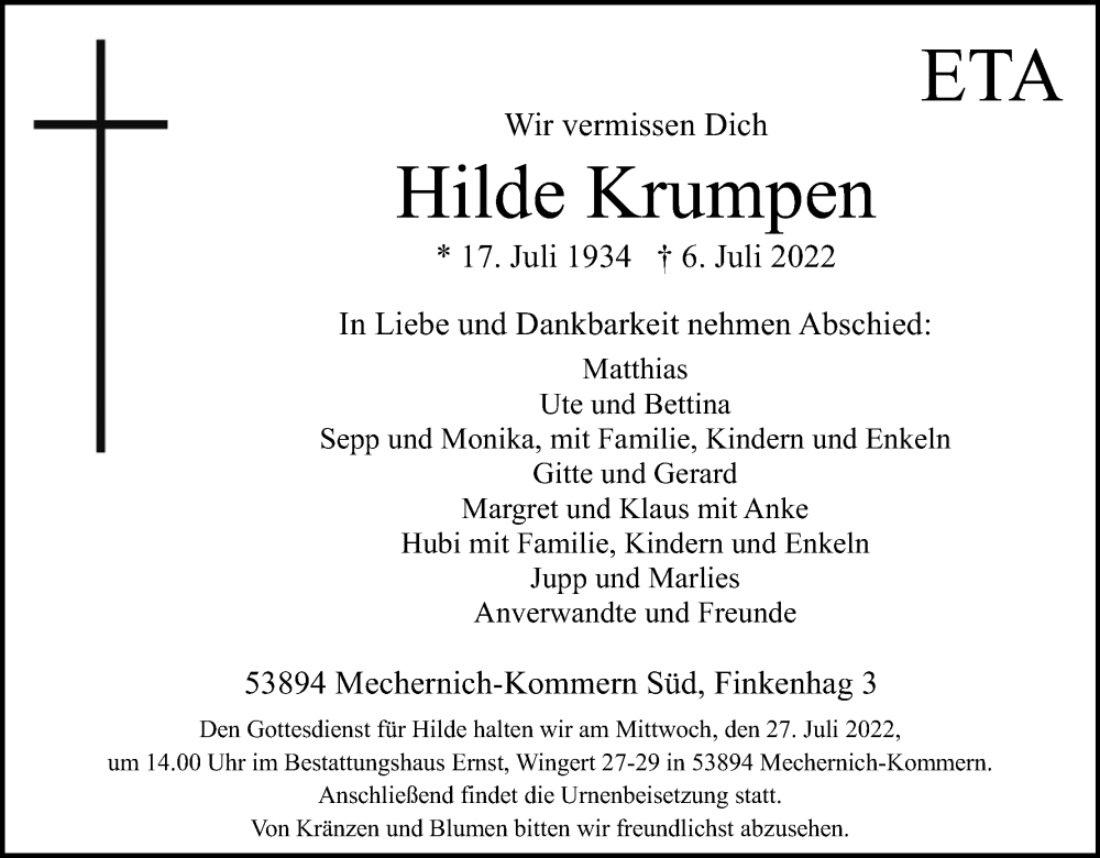  Traueranzeige für Hilde Krumpen vom 16.07.2022 aus Kölner Stadt-Anzeiger / Kölnische Rundschau / Express
