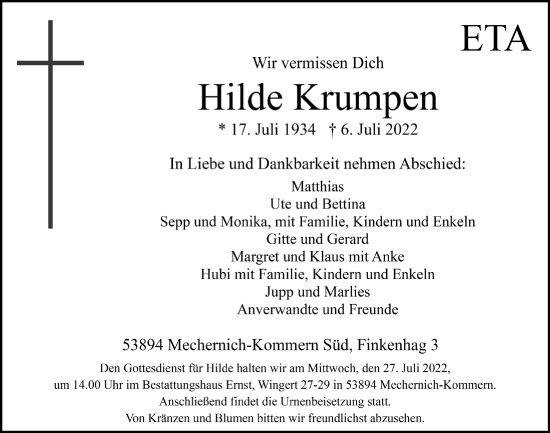 Anzeige von Hilde Krumpen von  Blickpunkt Euskirchen 