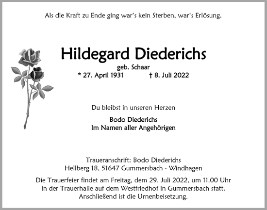 Anzeige von Hildegard Diederichs von  Anzeigen Echo 