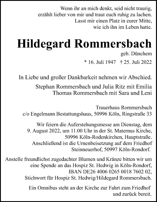 Anzeige von Hildegard Rommersbach von Kölner Stadt-Anzeiger / Kölnische Rundschau / Express