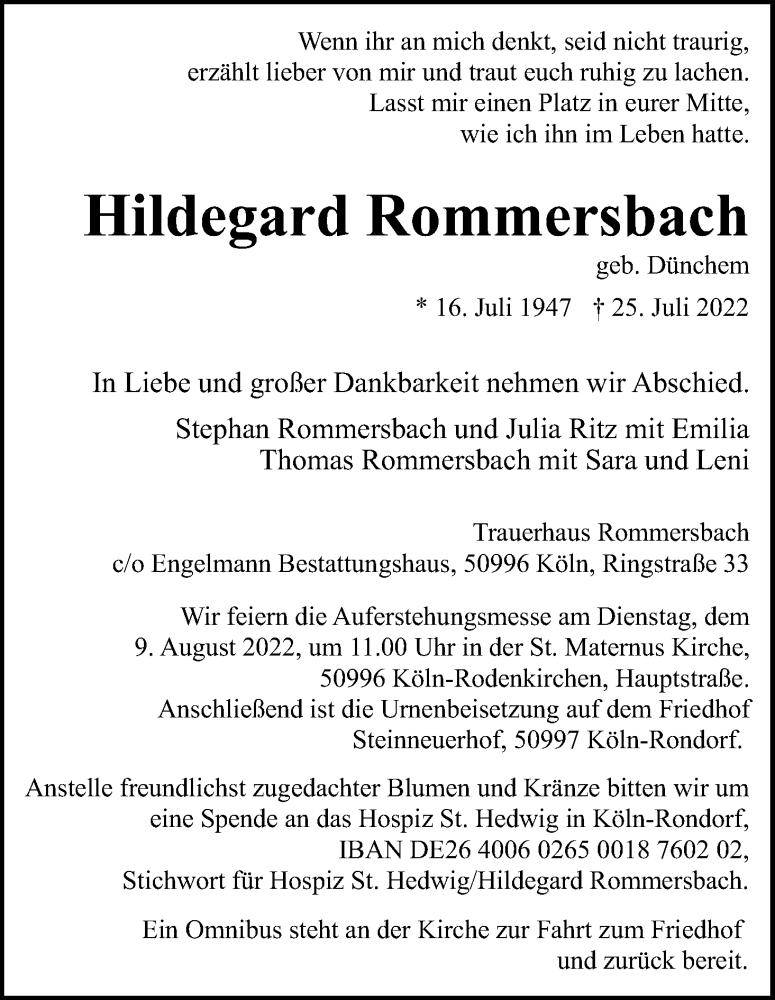  Traueranzeige für Hildegard Rommersbach vom 30.07.2022 aus Kölner Stadt-Anzeiger / Kölnische Rundschau / Express