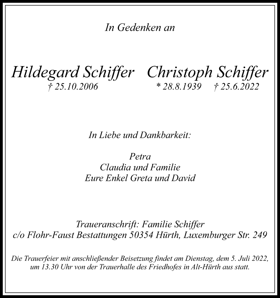  Traueranzeige für Hildegard Schiffer vom 02.07.2022 aus Kölner Stadt-Anzeiger / Kölnische Rundschau / Express