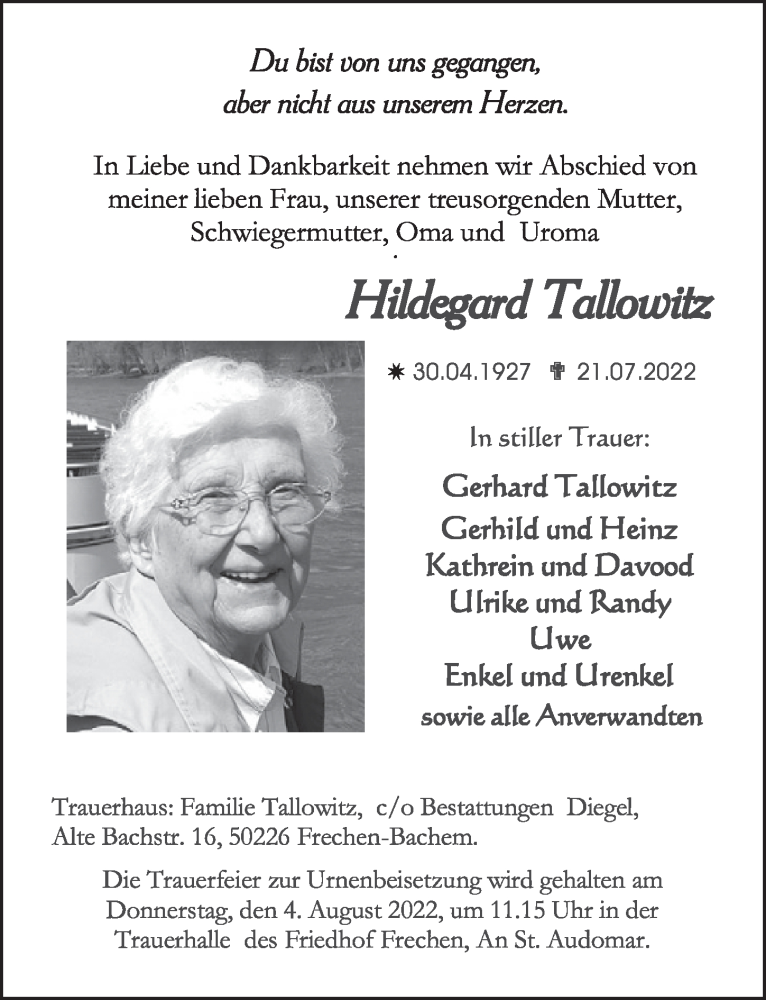 Traueranzeige für Hildegard Tallowitz vom 29.07.2022 aus  Wochenende 