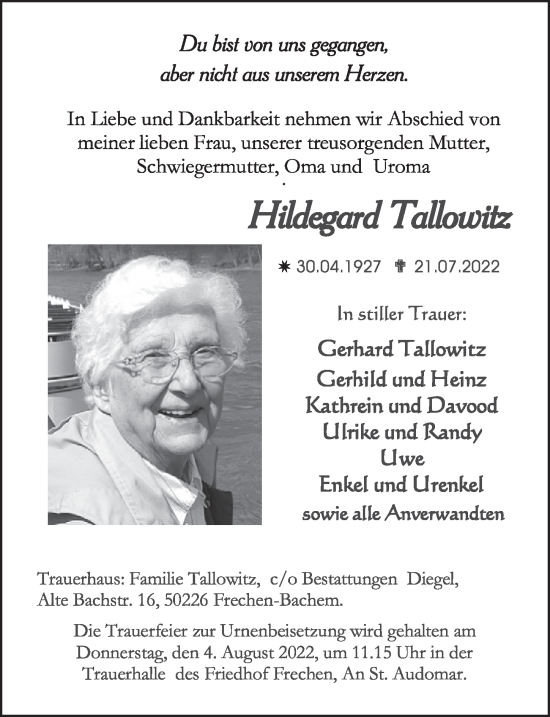 Anzeige von Hildegard Tallowitz von  Wochenende 